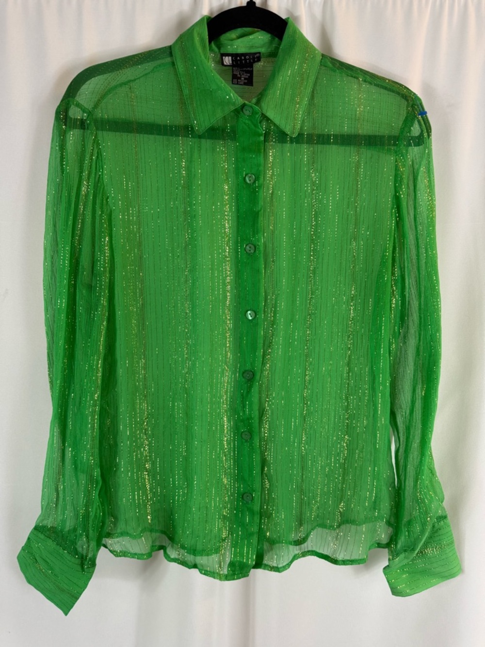 Vtg Carole Little Sheer Emerald Green Button-Down Blouse with Metallic Stripes M